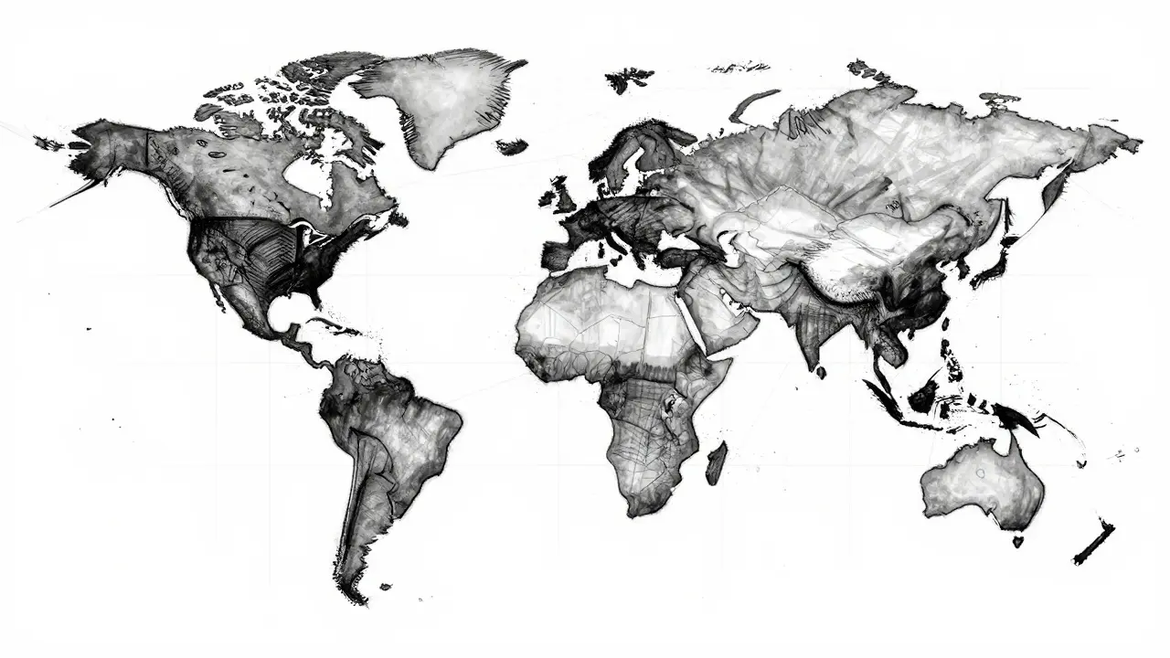 Design sketch of fragmented world map showing crypto restrictions