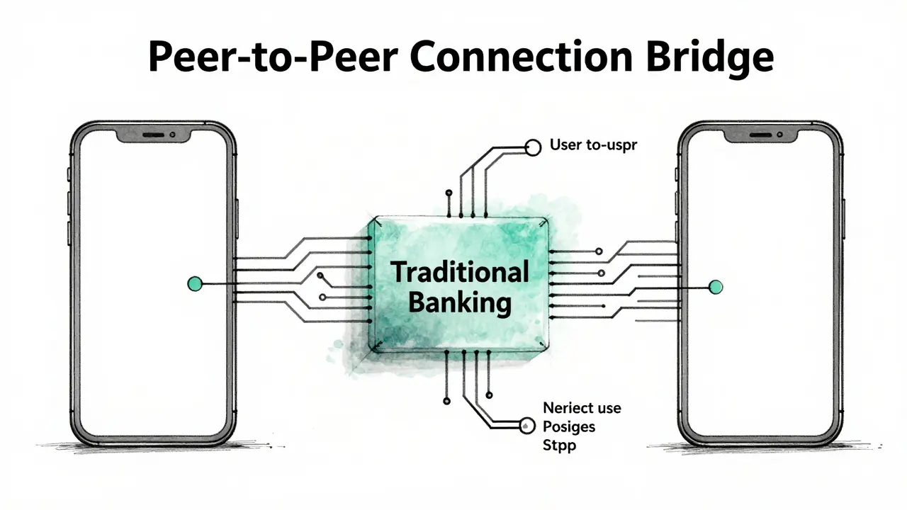 Design sketch showing P2P crypto bypassing traditional banks
