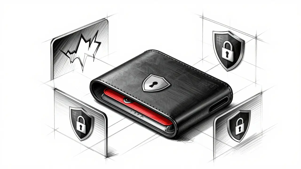 Exploded view sketch of a secure crypto wallet blocking phishing threats