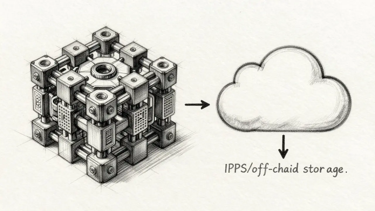 Illustration comparing dense on-chain storage with lightweight off-chain links