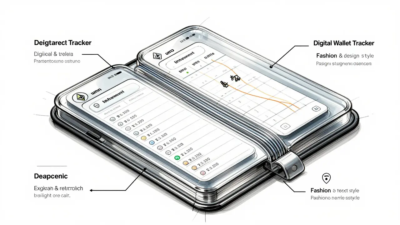 Illustration of a digital crypto tracker ledger with transaction data flows