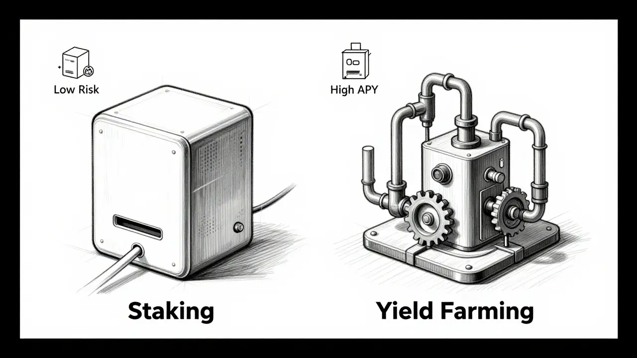 Side-by-side sketches comparing simple staking and complex yield farming