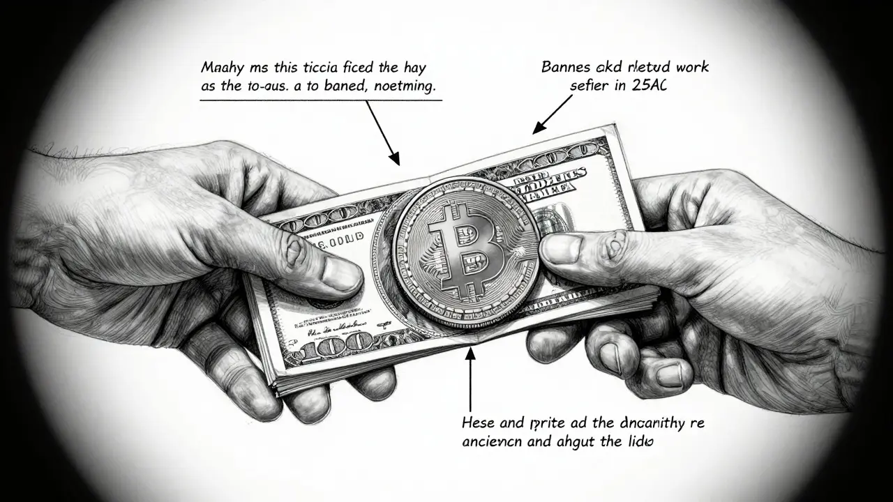 Sketch of cash exchanging for digital coin in secret trade