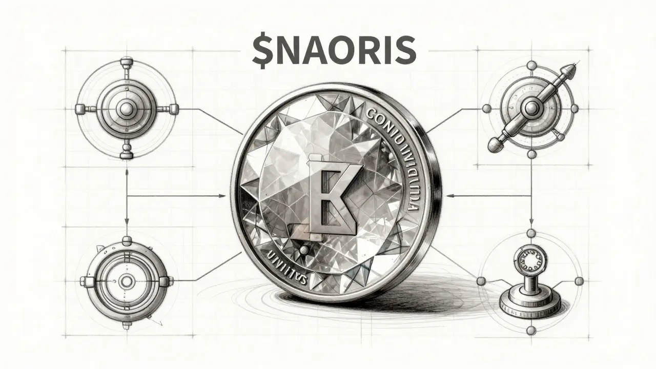 Stylized product sketch of NAORIS token with cryptographic facets