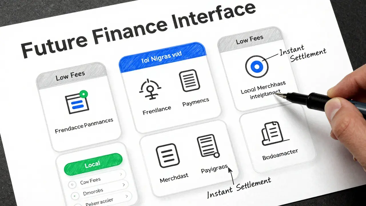 Technical drawing of a futuristic fintech app interface