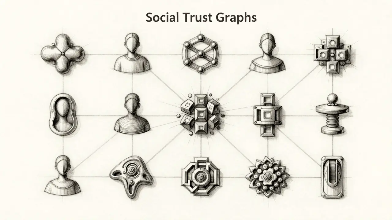 Technical drawing of network nodes showing bot clusters vs real users