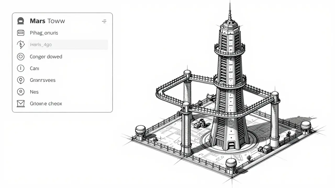 A technical fashion-style product sketch depicting the Mars colonization tower defense game interface in a clean, monochrome blueprint style.