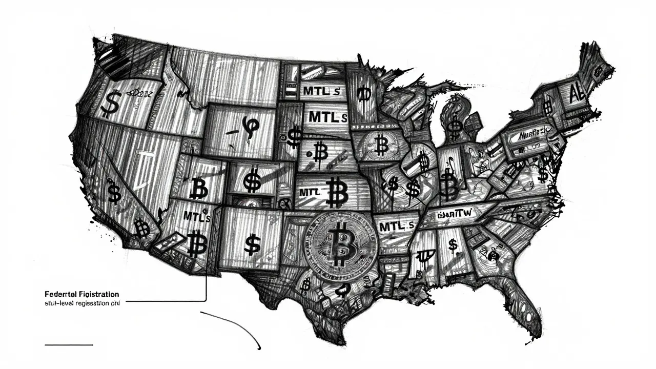 Artistic map showing federal vs state crypto licensing barriers