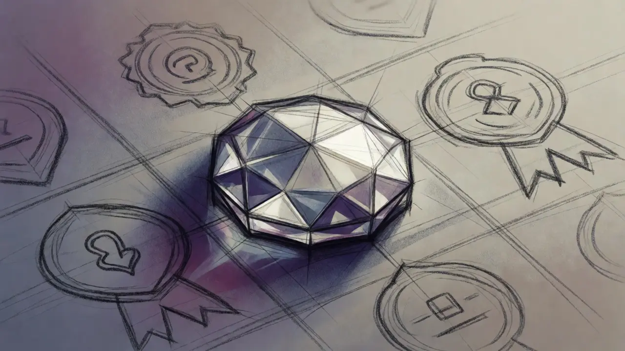 Artistic rendering of the ROSX token as a faceted crystal on a digital grid.