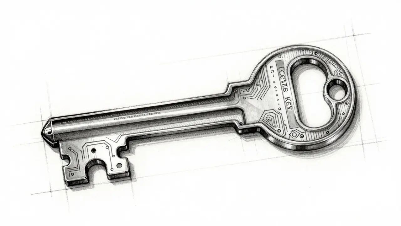 Artistic sketch of a conceptual license key merging tech and metal
