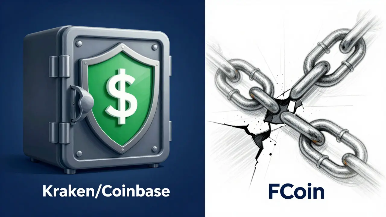 Comparison sketch of secure modern exchanges vs risky FCoin
