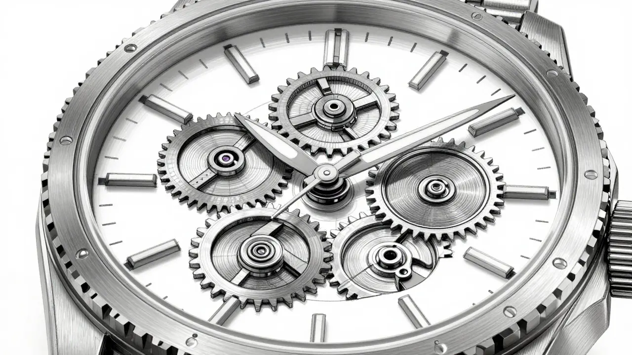 Conceptual drawing of a mechanical watch with interlocking unlock rings