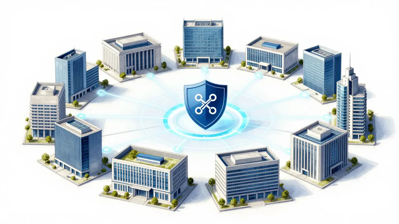 Conceptual sketch of a consortium of insurers sharing data via blockchain