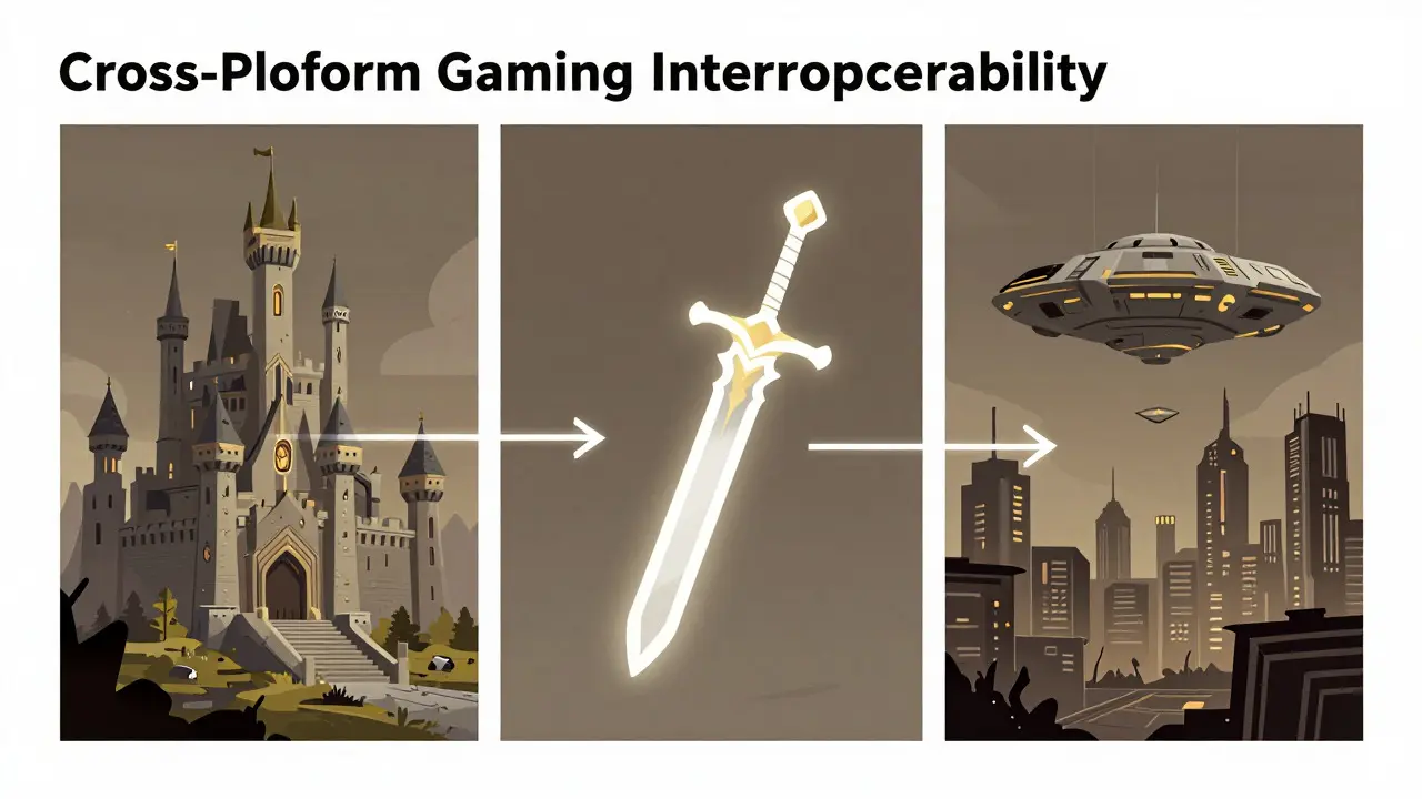 Conceptual sketch of a gaming asset moving seamlessly between three virtual worlds