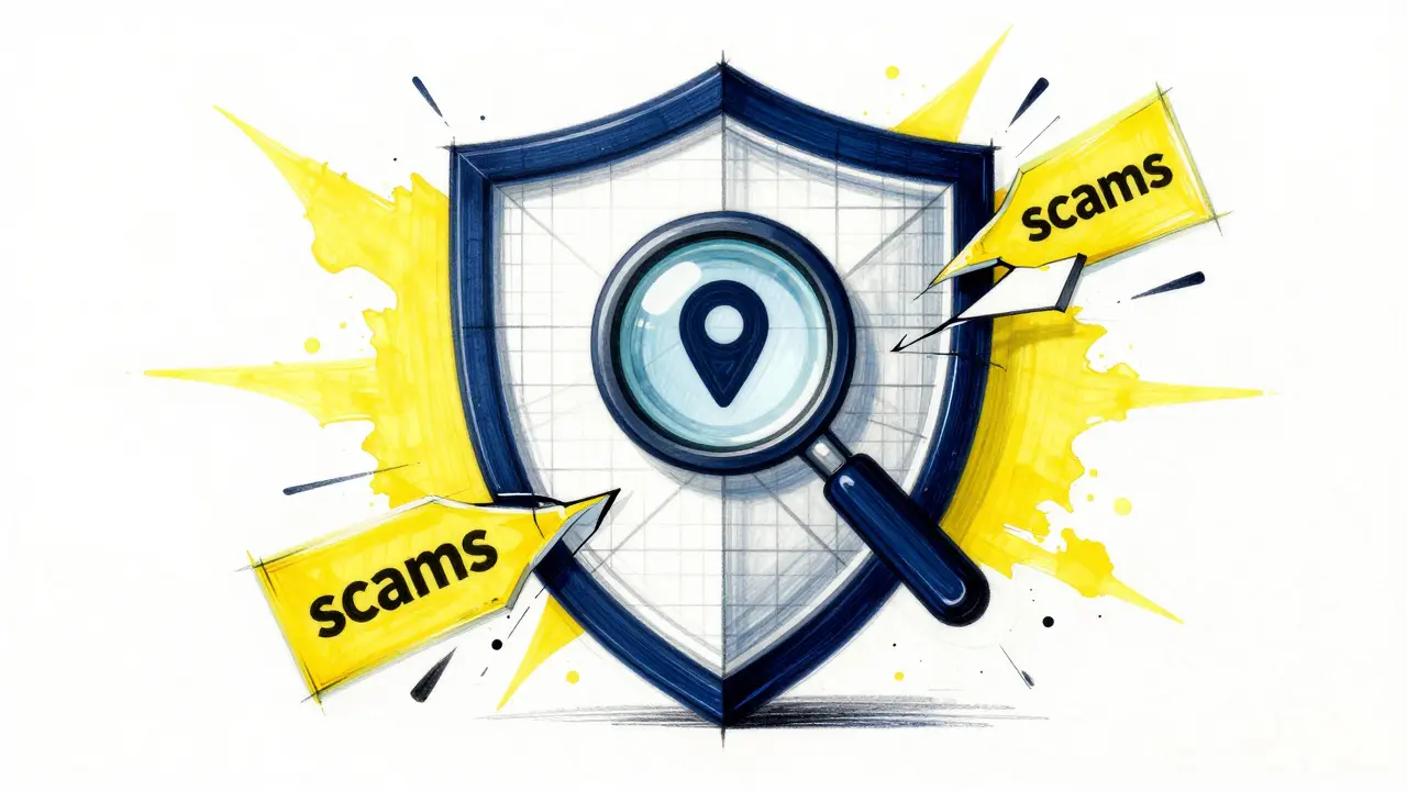Conceptual sketch of a security shield protecting a token from fragmented scam elements