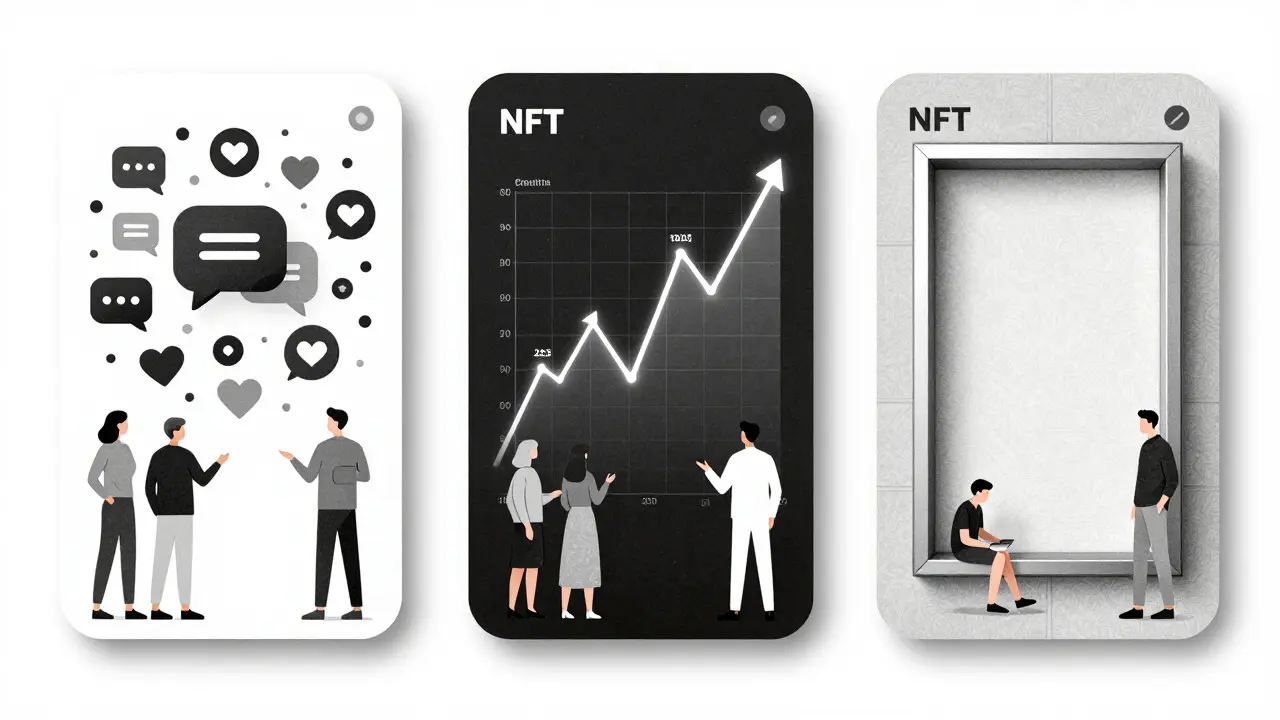 Design comparison sketch of three NFT platform concepts showing social, trading, and art focus