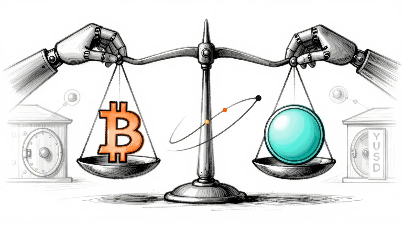 Design sketch of a balance scale illustrating delta-neutral hedging mechanics