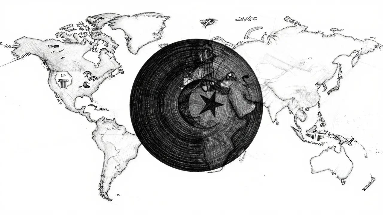 Design sketch of a dark central circle isolated from lighter surrounding global elements