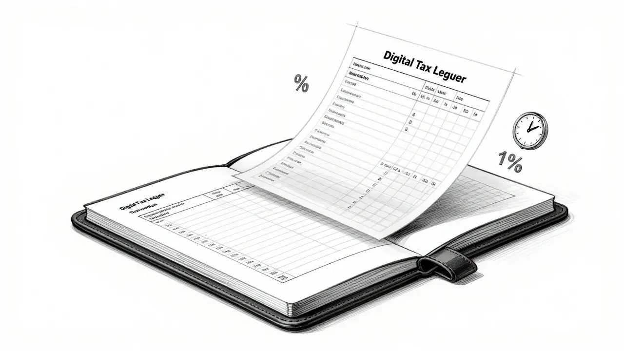 Design sketch of a digital ledger with floating tax forms and percentage indicators.