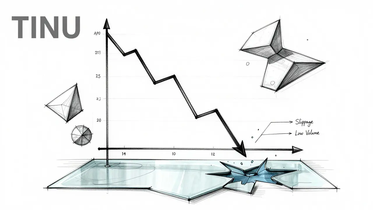 Design sketch of crashing graph illustrating TINU liquidity risks