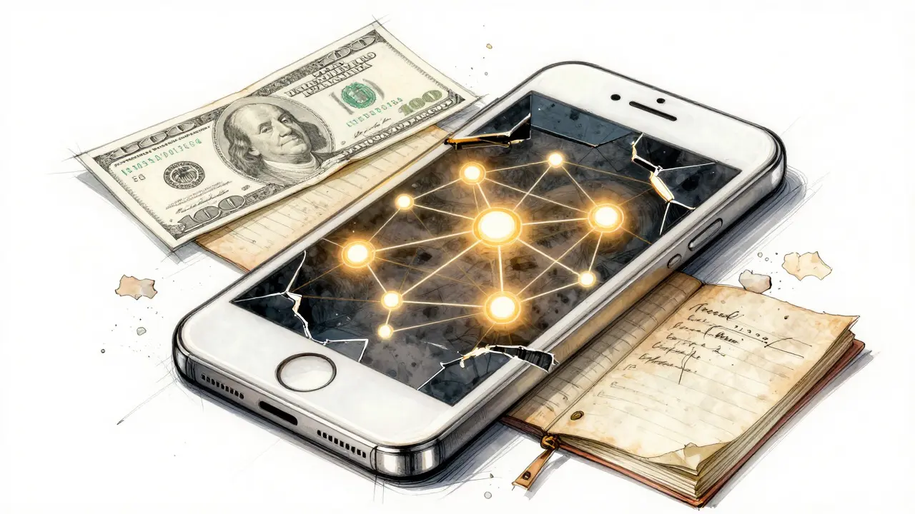 Design sketch showing a phone with glowing network nodes and fading currency