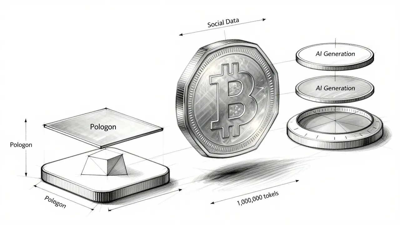 Exploded view design sketch of a cryptocurrency token structure on Polygon blockchain