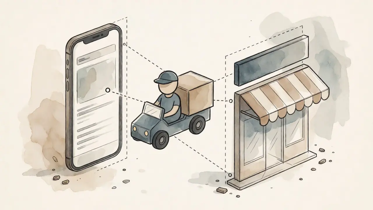 Exploded view sketch of a disconnected delivery service ecosystem