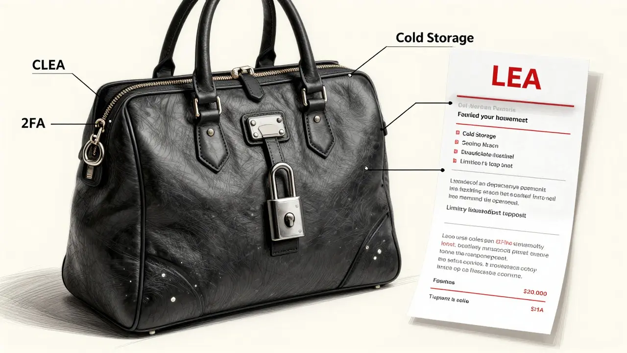 Fashion-style sketch of a secure vault and wire transfer slip representing GMO Coin security and deposits