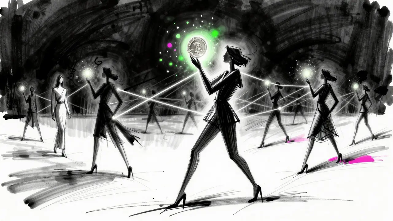 Ink sketch showing a fan holding a glowing coin connected to a community network
