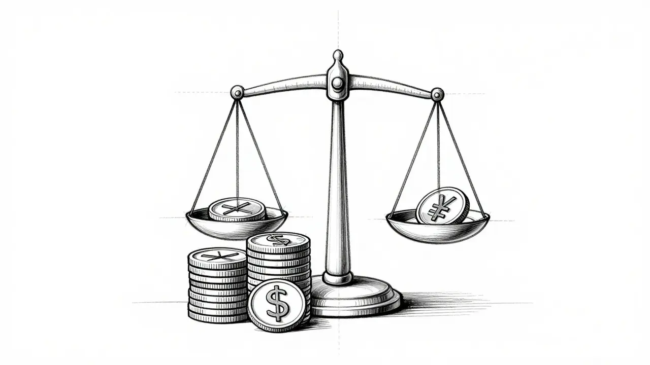 Line art illustration of currency scales representing capital requirements