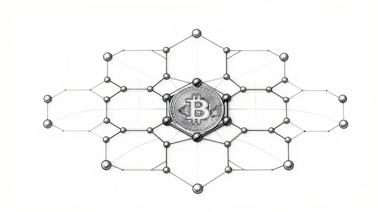 Product design sketch of a decentralized network lattice securing a crypto token