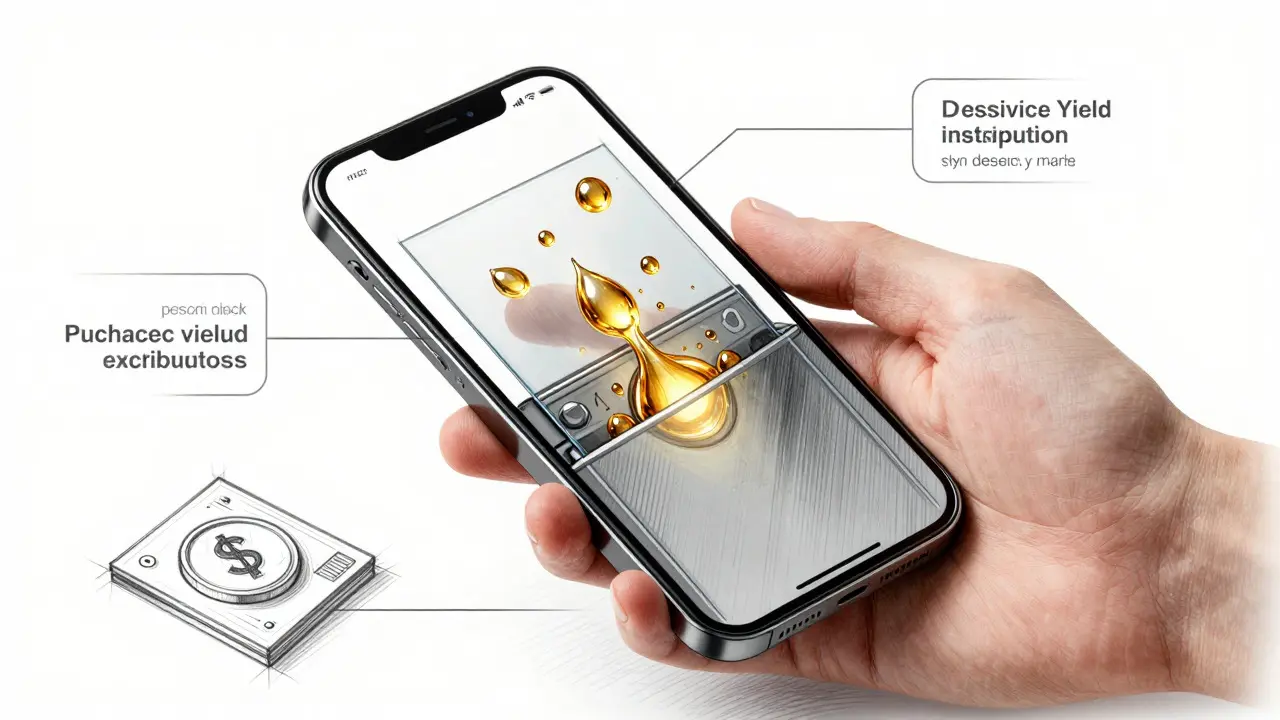 Product sketch of a hand receiving automatic yield drops from a digital wallet