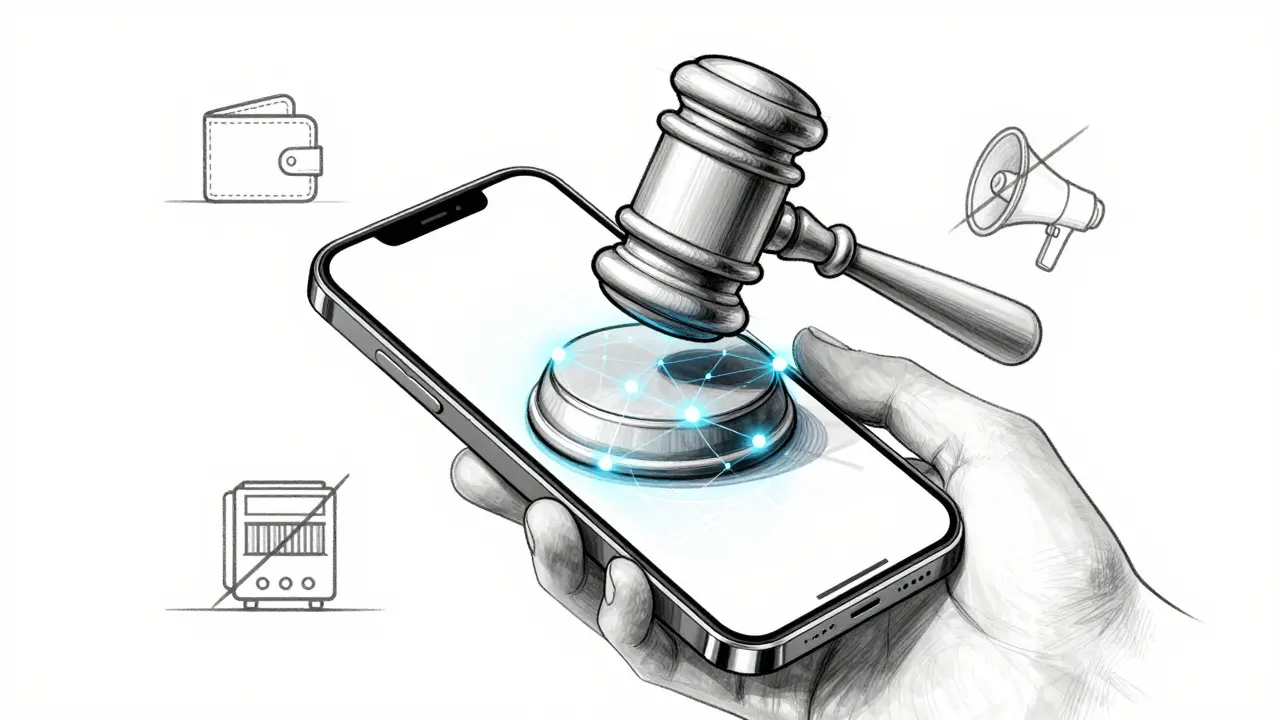 Product sketch of a phone with a blockchain screen being stamped by a legal gavel