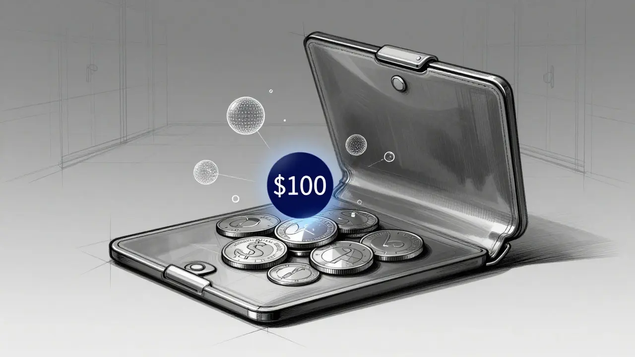 Sketch of a minimalist wallet containing abstract data spheres