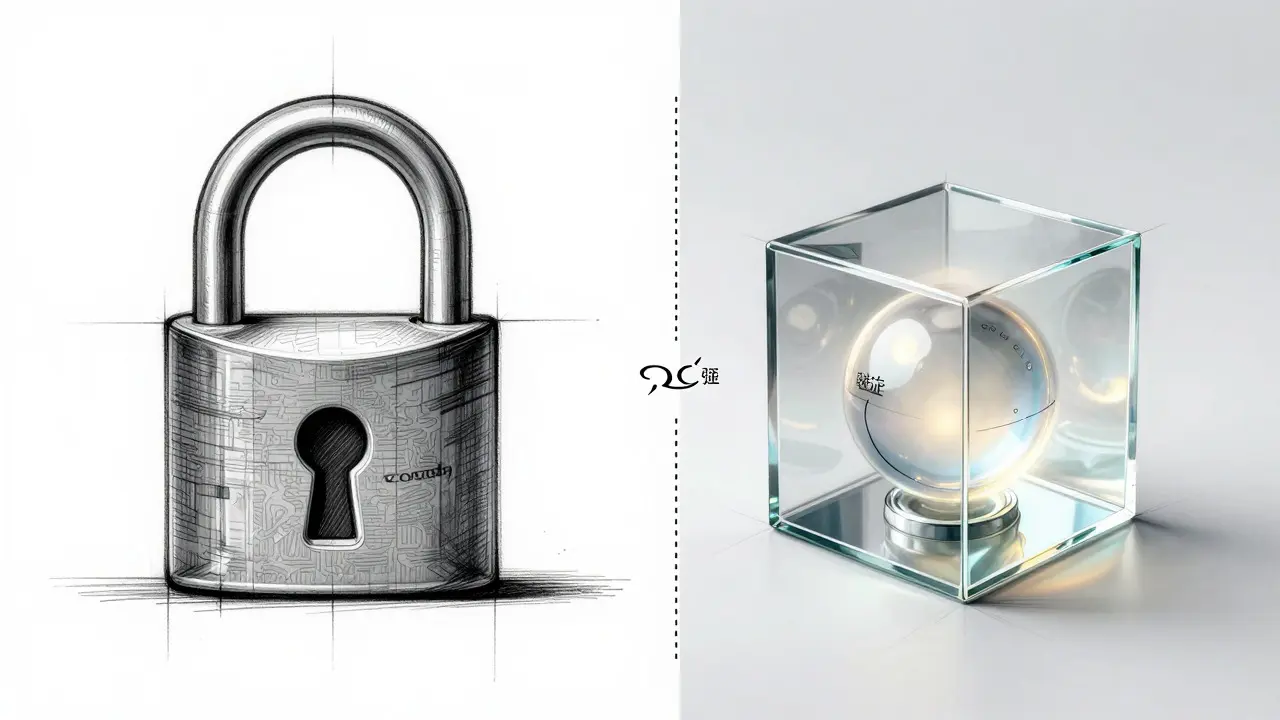 Split-screen design sketch comparing centralized custody locks with decentralized code structures