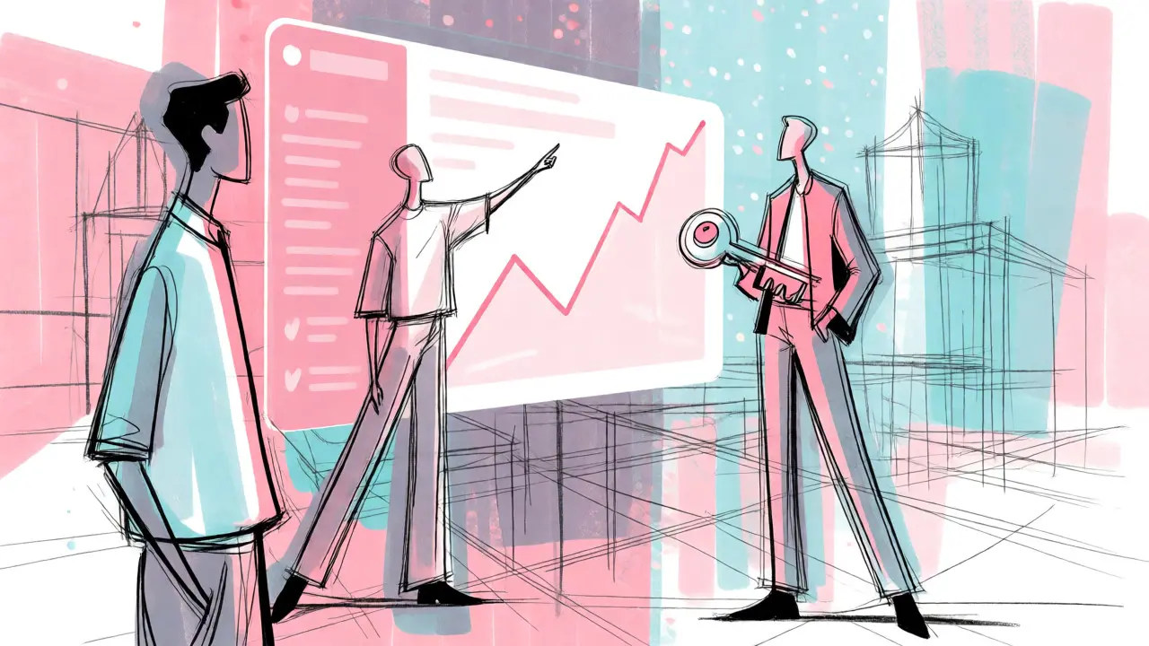 Stylized figures interacting with holographic app interfaces in a sketch style.