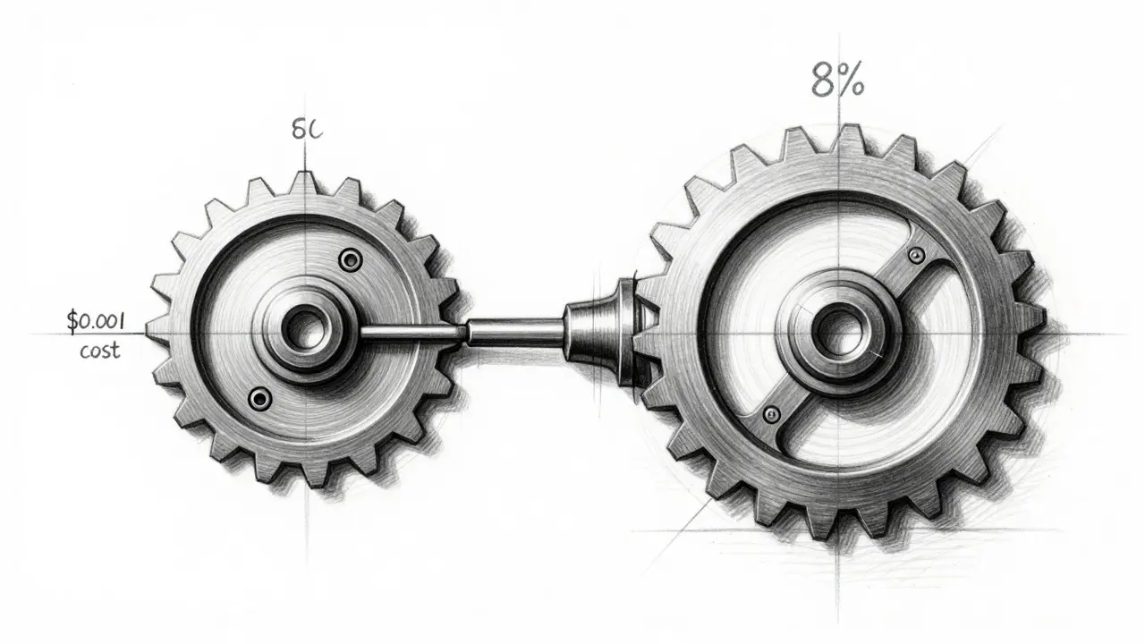 Technical drawing comparing low fees to high slippage gears