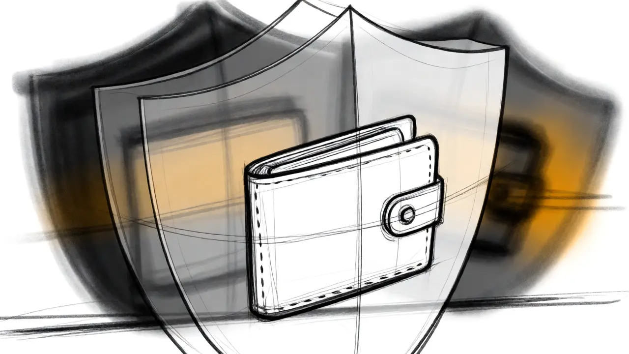 Wireframe wallet protected from shadowy phishing threats