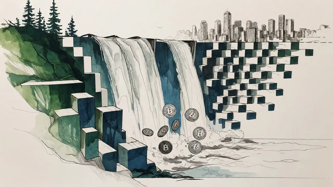 Abstract sketch of hydro waterfalls forming a wall blocking crypto symbols.