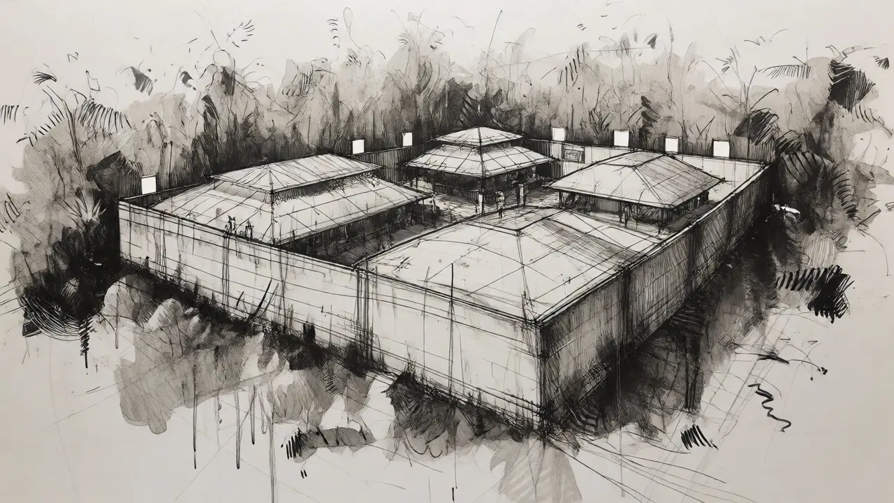 Architectural sketch of a walled scam compound hidden in the Myanmar jungle.