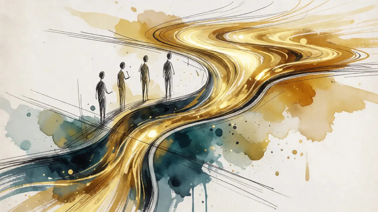 Artistic sketch depicting liquid capital flowing through a narrow channel