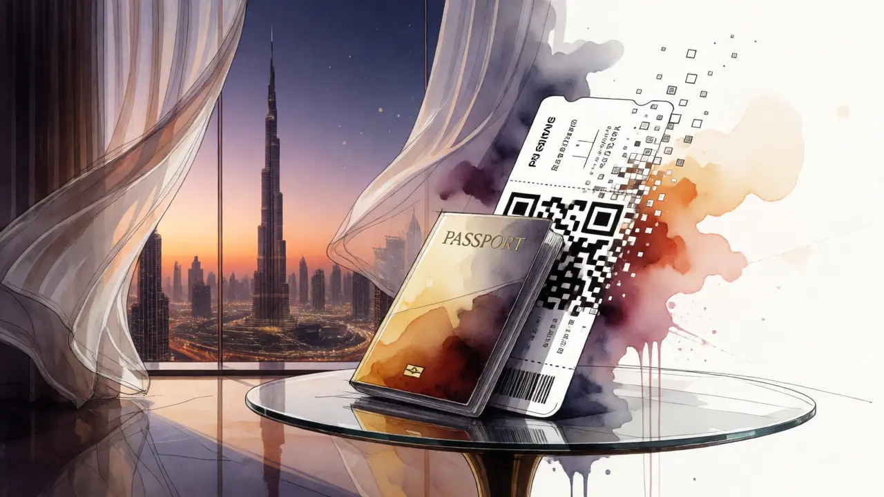 Artistic sketch of travel documents overlooking the Dubai skyline at sunset.