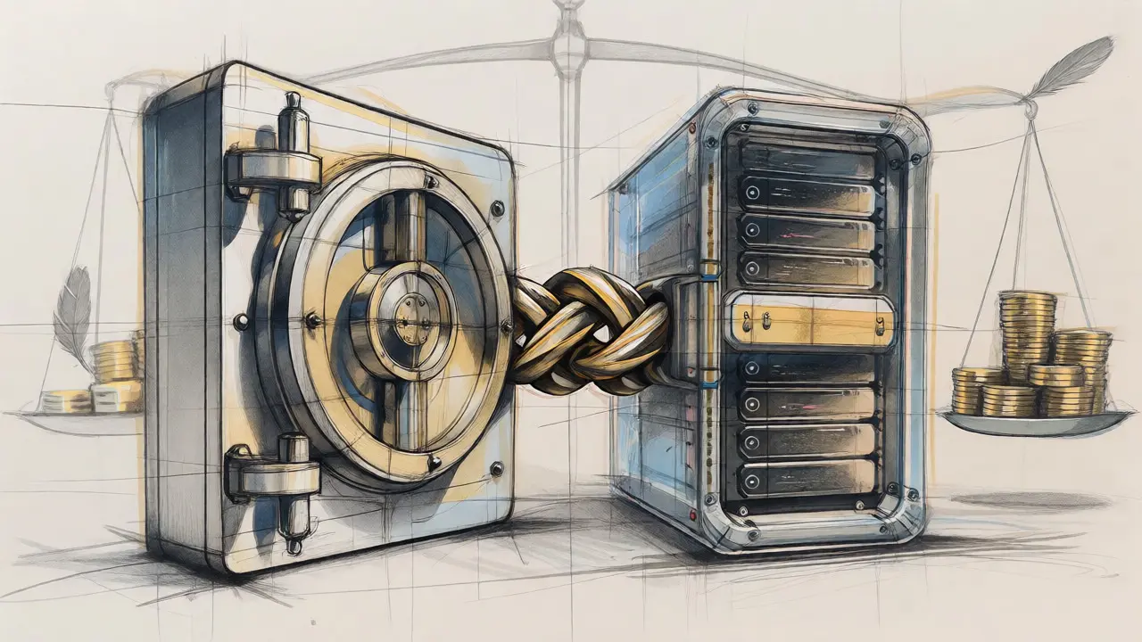 Bank vault and tech server connected by a braided cable