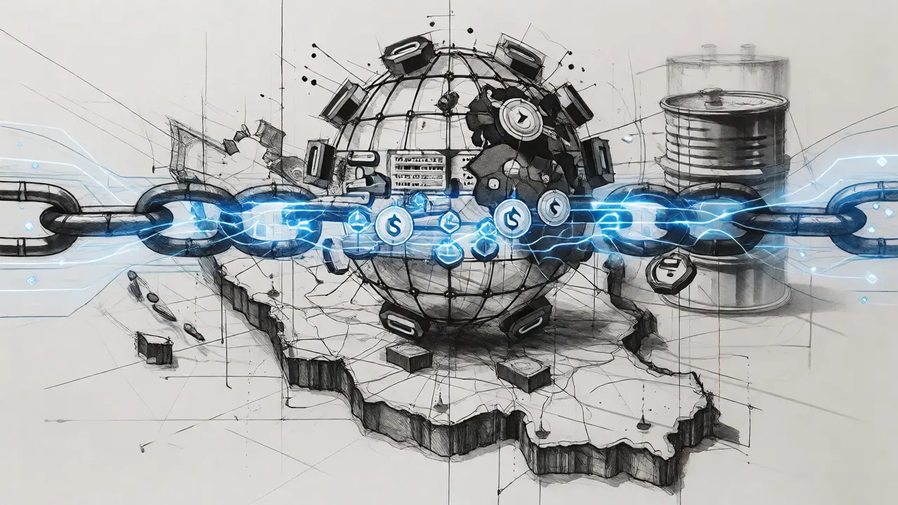 Conceptual sketch of crypto networks bypassing global sanctions