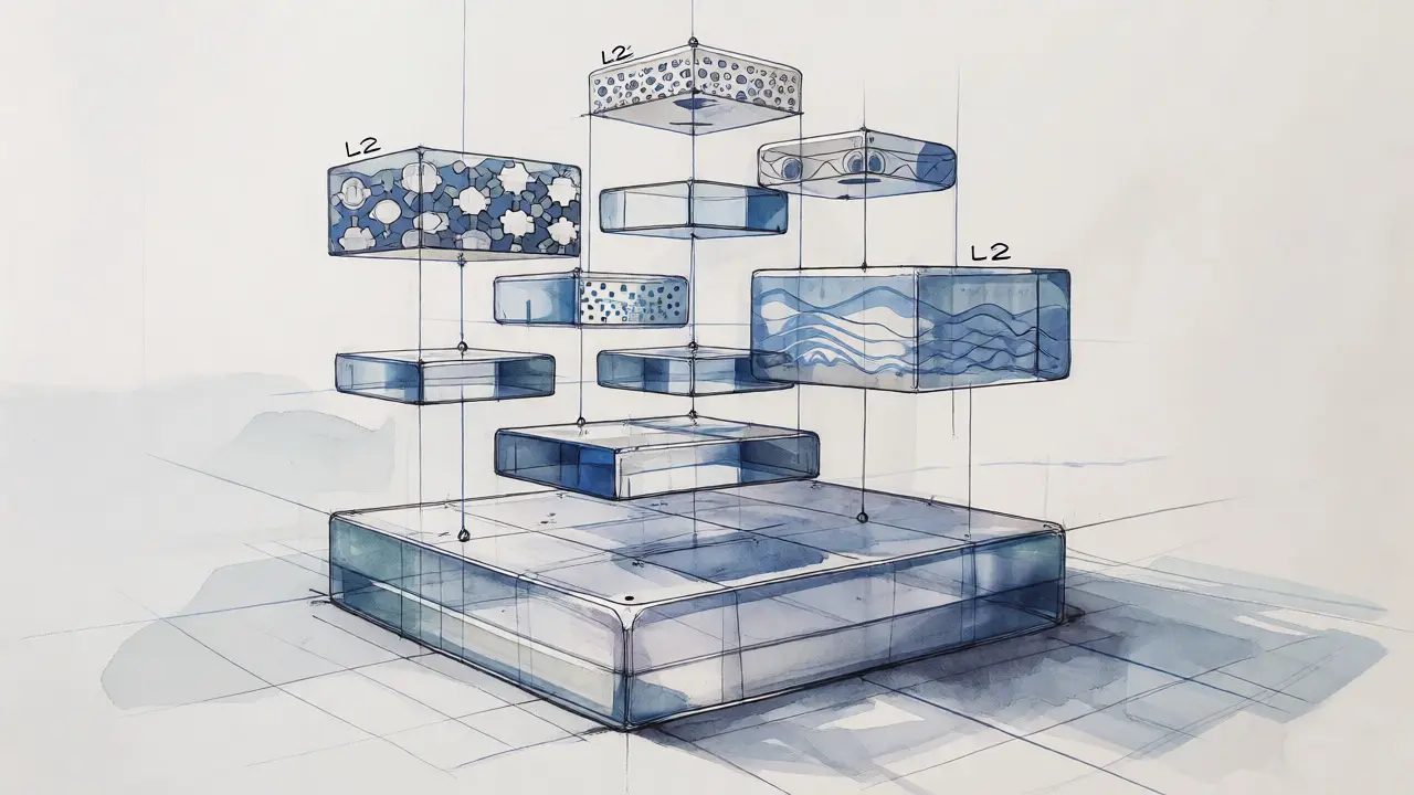 Conceptual sketch of floating modular Layer 2 blocks connected by wires to a central Layer 1 foundation.