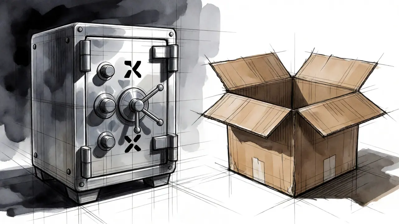 Contrast sketch between a sturdy metal vault and a fragile open box representing exchange security levels.