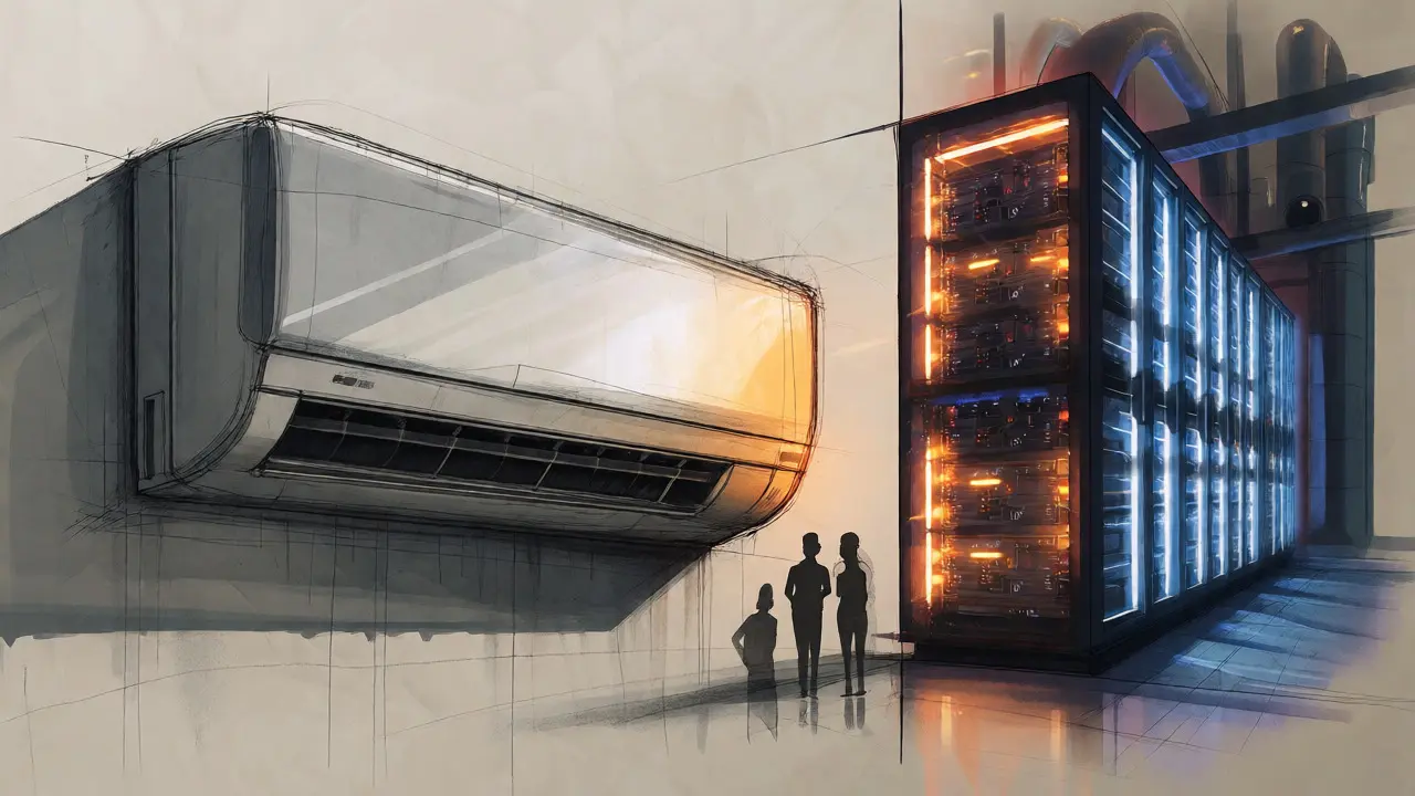 Design sketch contrasting home power cuts with mining farms