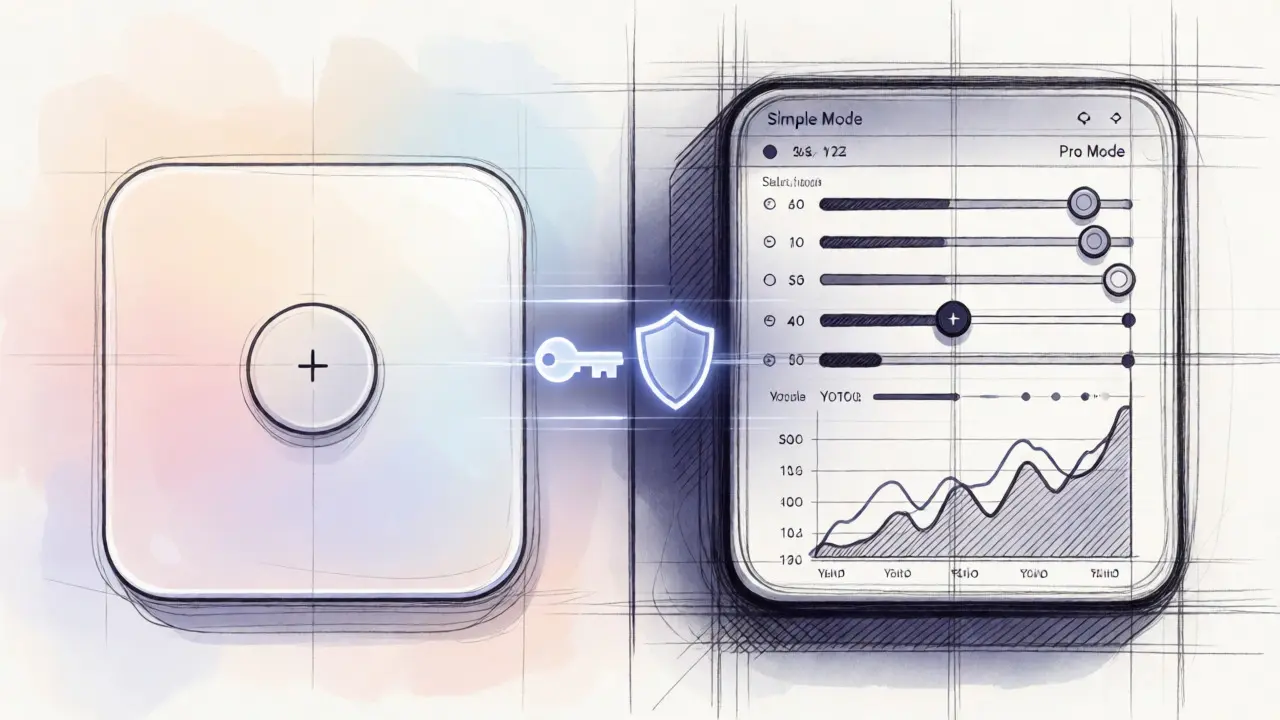 Design sketch contrasting simple and pro trading modes