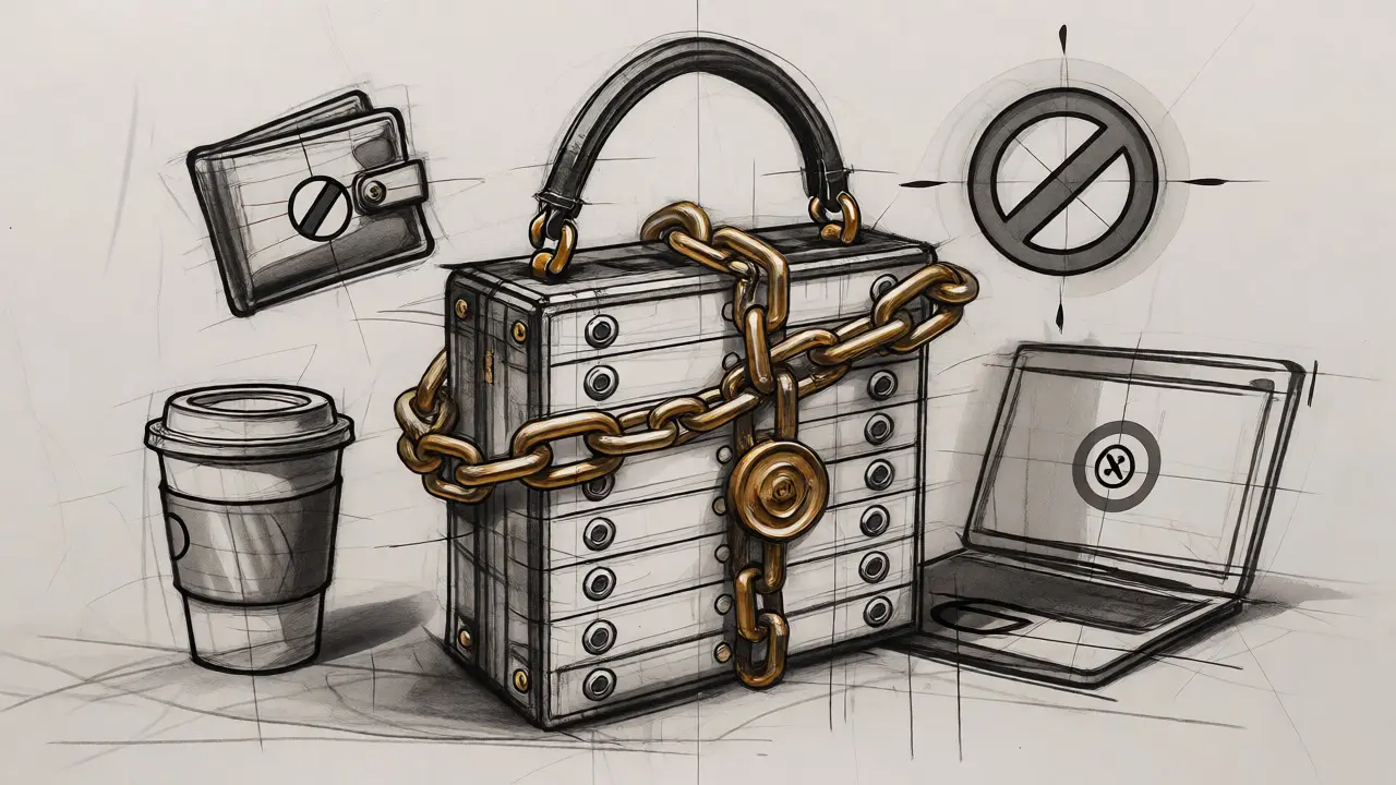 Design sketch of a blockchain server wrapped in chains alongside prohibited daily items.