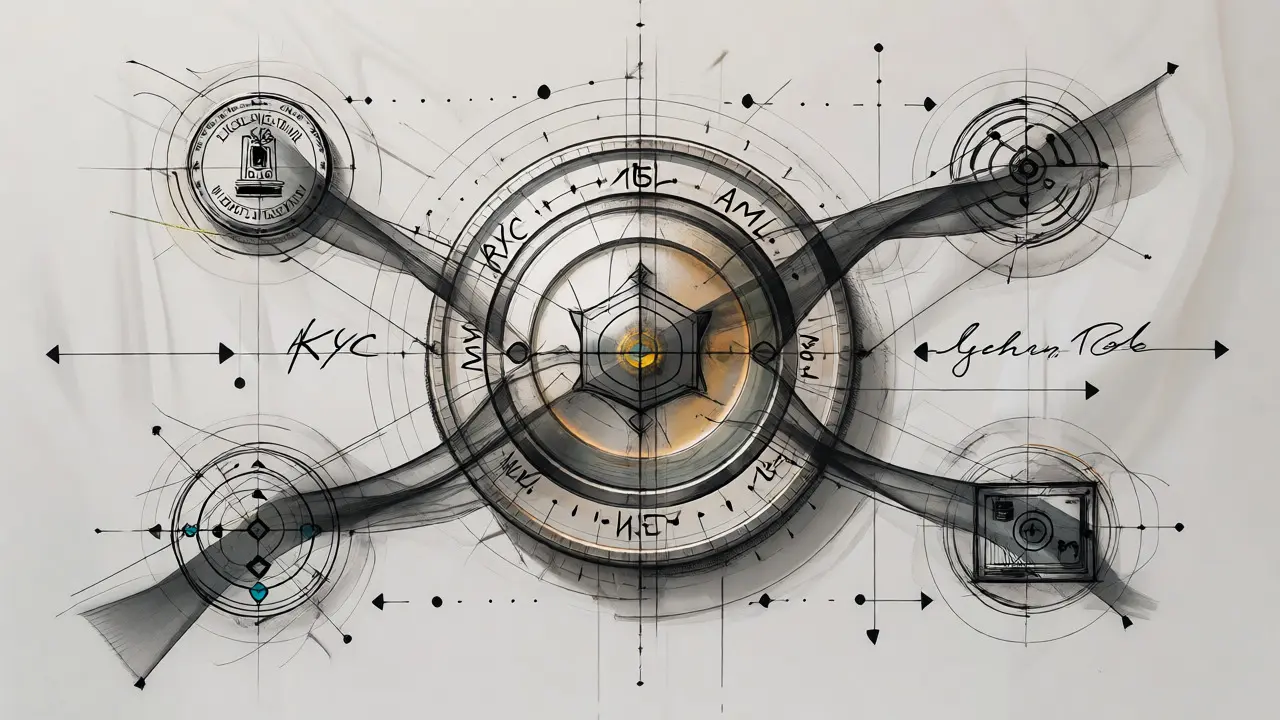 Design sketch of a Digital Dirham coin surrounded by regulatory annotations and connection nodes.